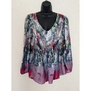 Sundance Catalog Silk Blouse Popover Top Medium Multicolor Floral Whimsycore